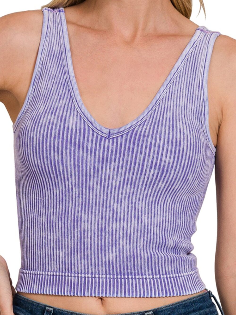 Washed Ribbed Seamless Bra Padded V-Neck Tank Top in Blueberry